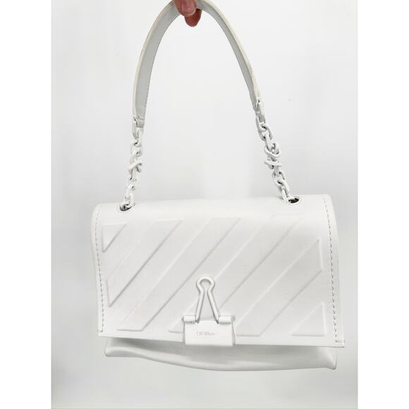 Off White White Leather Embossed Diagonal Stripe Soft Binder Clip Shoulder Bag - Picture 3 of 12